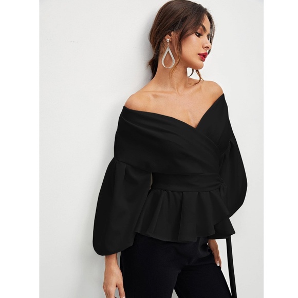 Bishop Sleeve Belt Ties Wrap Peplum Top Black V-Neck - Picture 6 of 13